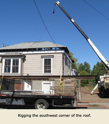 The rigging of the crane used to move the house in sections.